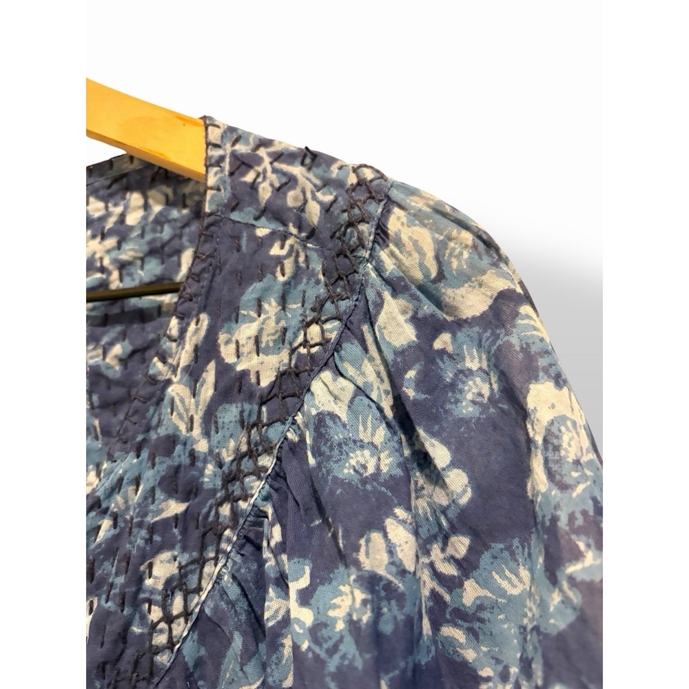 We The Free Blue Floral Peasant Top Medium Oversized Boho Button Front Stitching - Picture 3 of 16